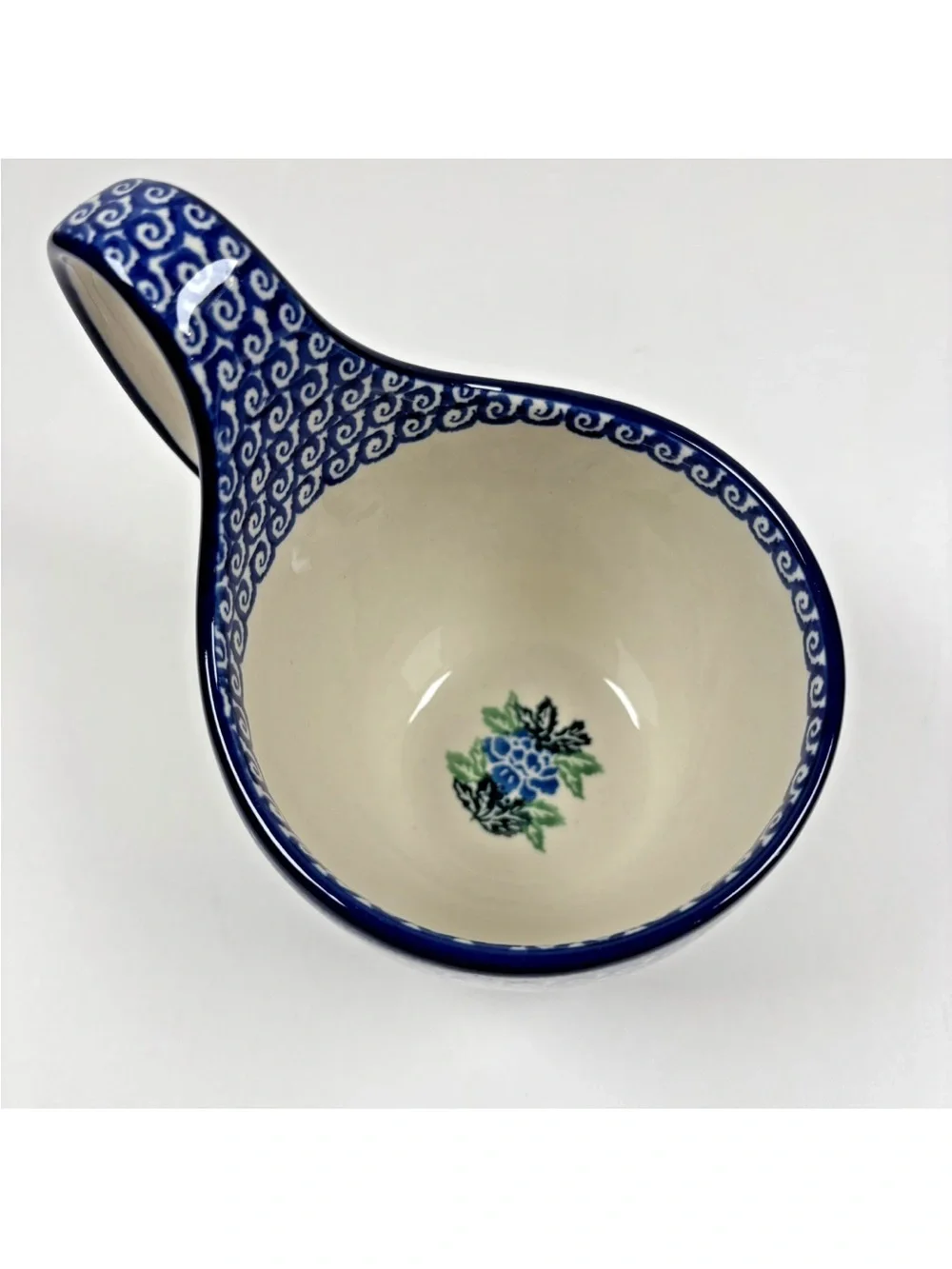 Polish Pottery Soup Bowl Loop Handle Cobalt Blue Green Floral Leaf Boleslawiec